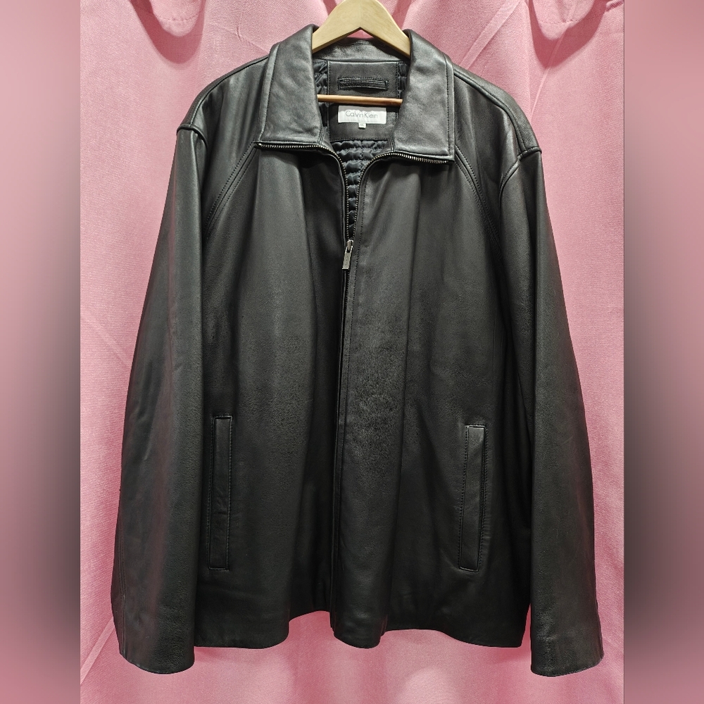 Calvin Klein Zip Black Leather Jacket Sz XXL